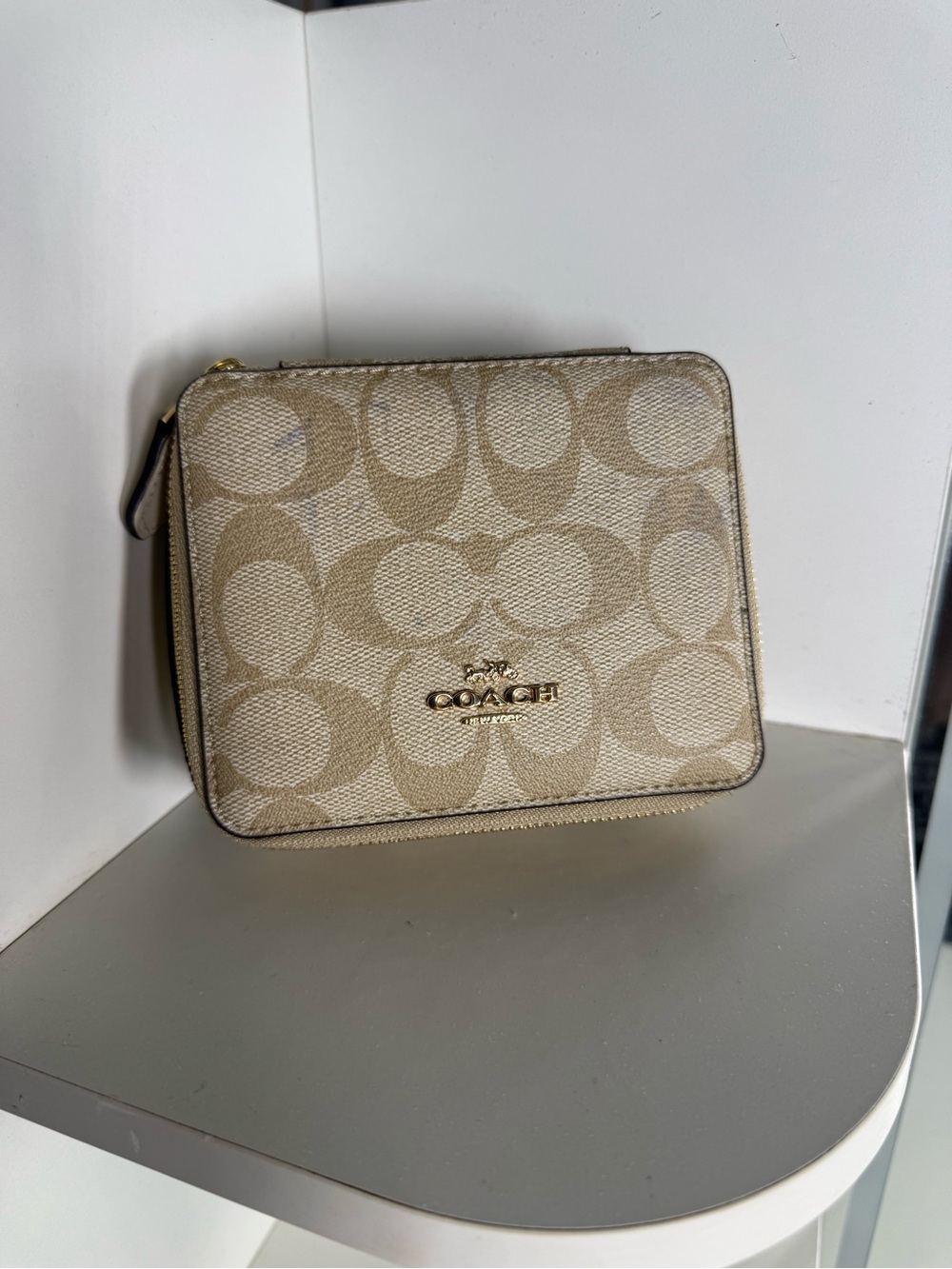 Coach Beige Signature Zip-Around Jewelry box